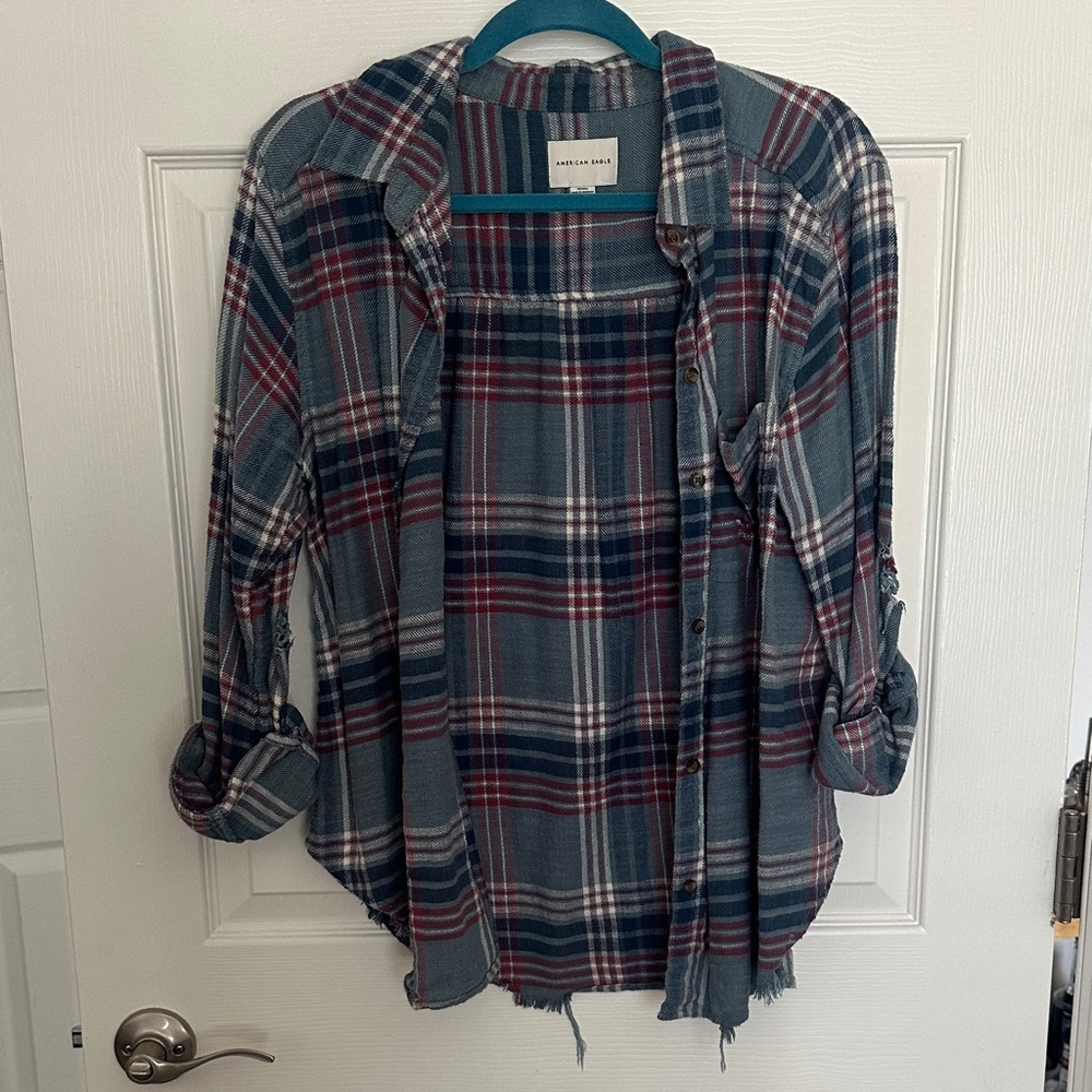 Distressed Plaid Button-Up Shirt